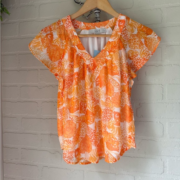 Loft seashell blouse Orange tropical lined v neck Top flutter sleeve XXS petite - Picture 1 of 5